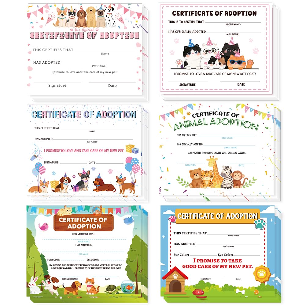 Doodlream 60Pcs Pet Adoption Certificates, 25x20cm Blank Multicolor Playful Animal Award, Certificate Paper for Pet Party Keepsakes & Special Occasions