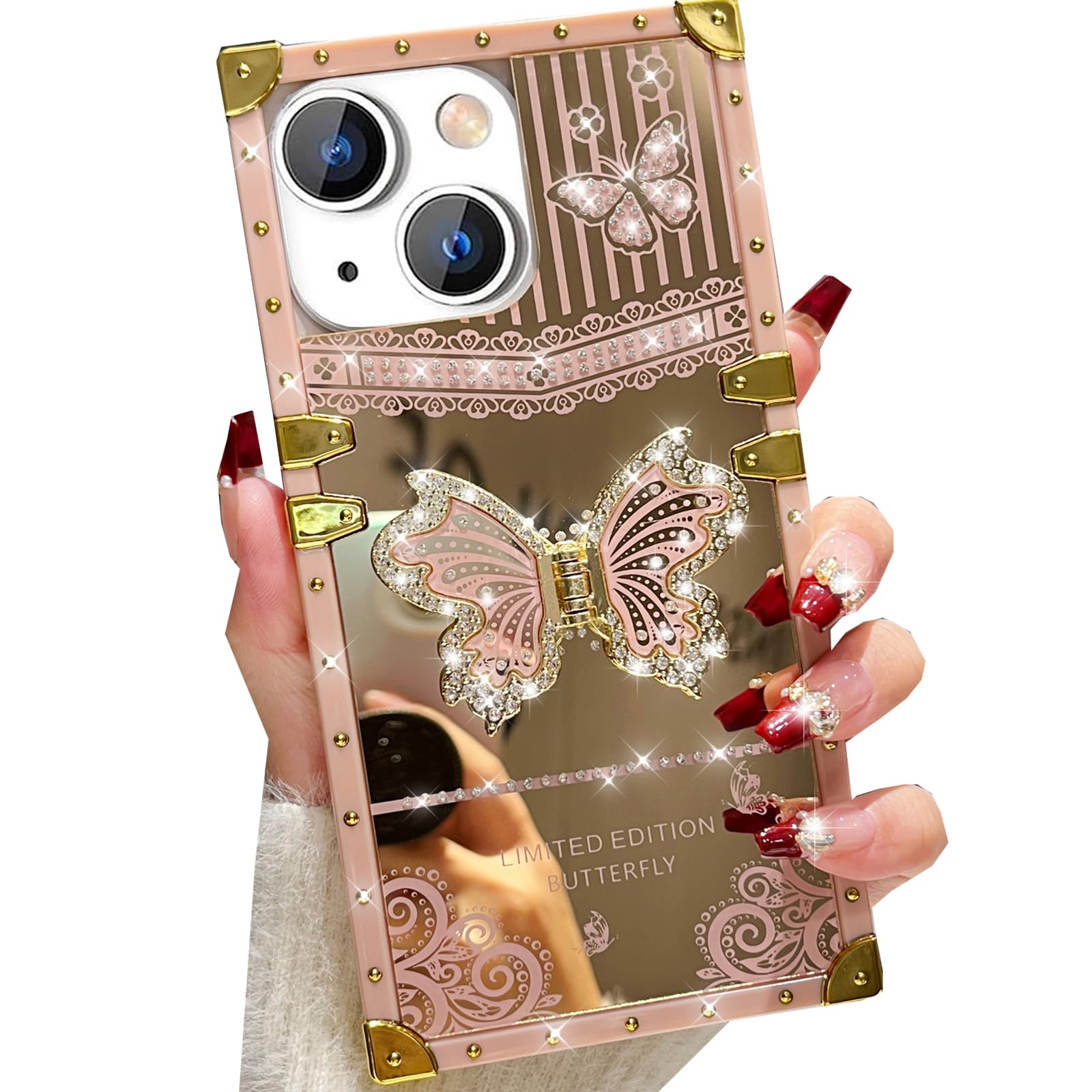 Changjia Glitter Kickstand Case for iPhone 15 Plus,Cute Bling Sparkly Rhinestones Butterfly with Foldable Stand Elegant Mirror Back Shockproof