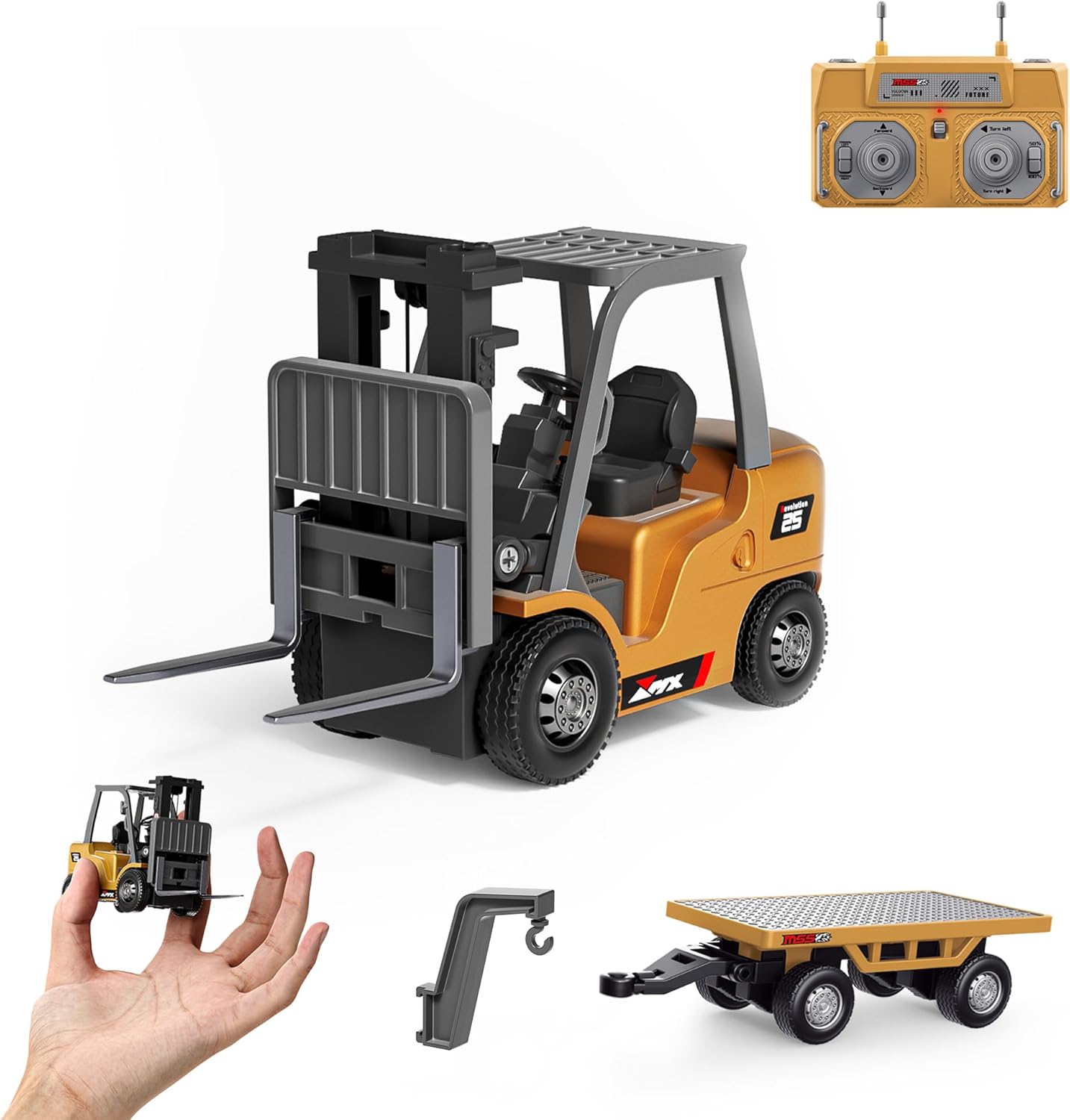 BRRRRT 1/64 Full Proportional RC Forklift Toy,8 Channel 2 Mode Mini Remote Control Forklift Truck with Flatbed Tow Truck,2 in 1 Transformable Lift Fork & Hook with Rechargeable Battery for 4+ Kids Full Proportion Forklift