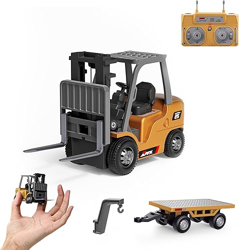 BRRRRT 1/64 Carretilla elevadora RC de proporción completa, camión de control remoto mini de 8 canales y 2 modos con camión de remolque de