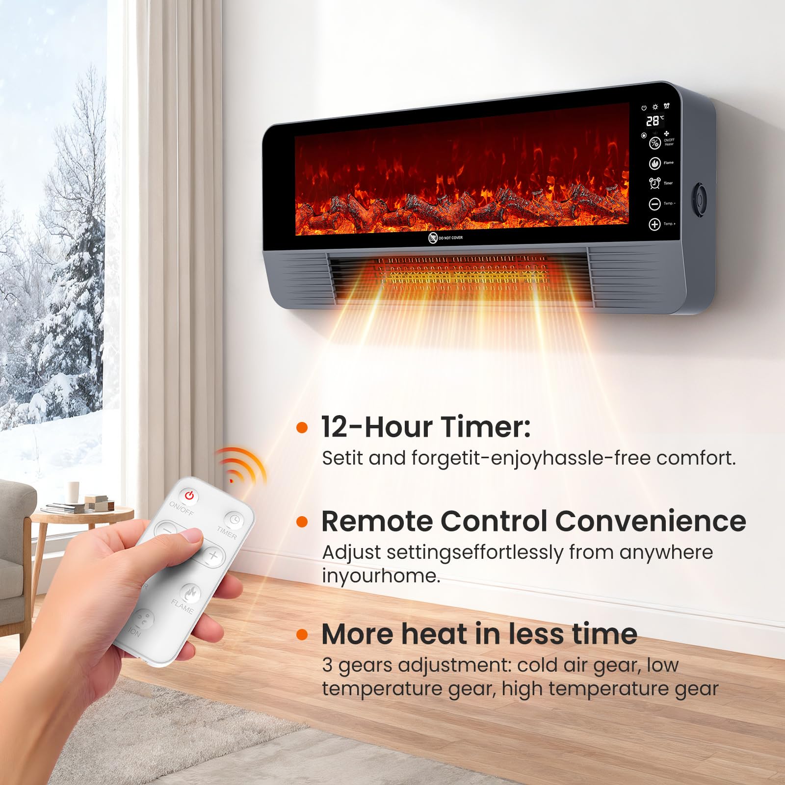 Chauffage d'appoint, Chauffage 2000W avec Céramique PTC, Effet Flamme 3D, Installation Murale/Sol, Télécommande, 3 Modes, Sécurité Anti-Chute & Surchauffe, Minuterie 12H, pour Bureau, Salon, Chambre