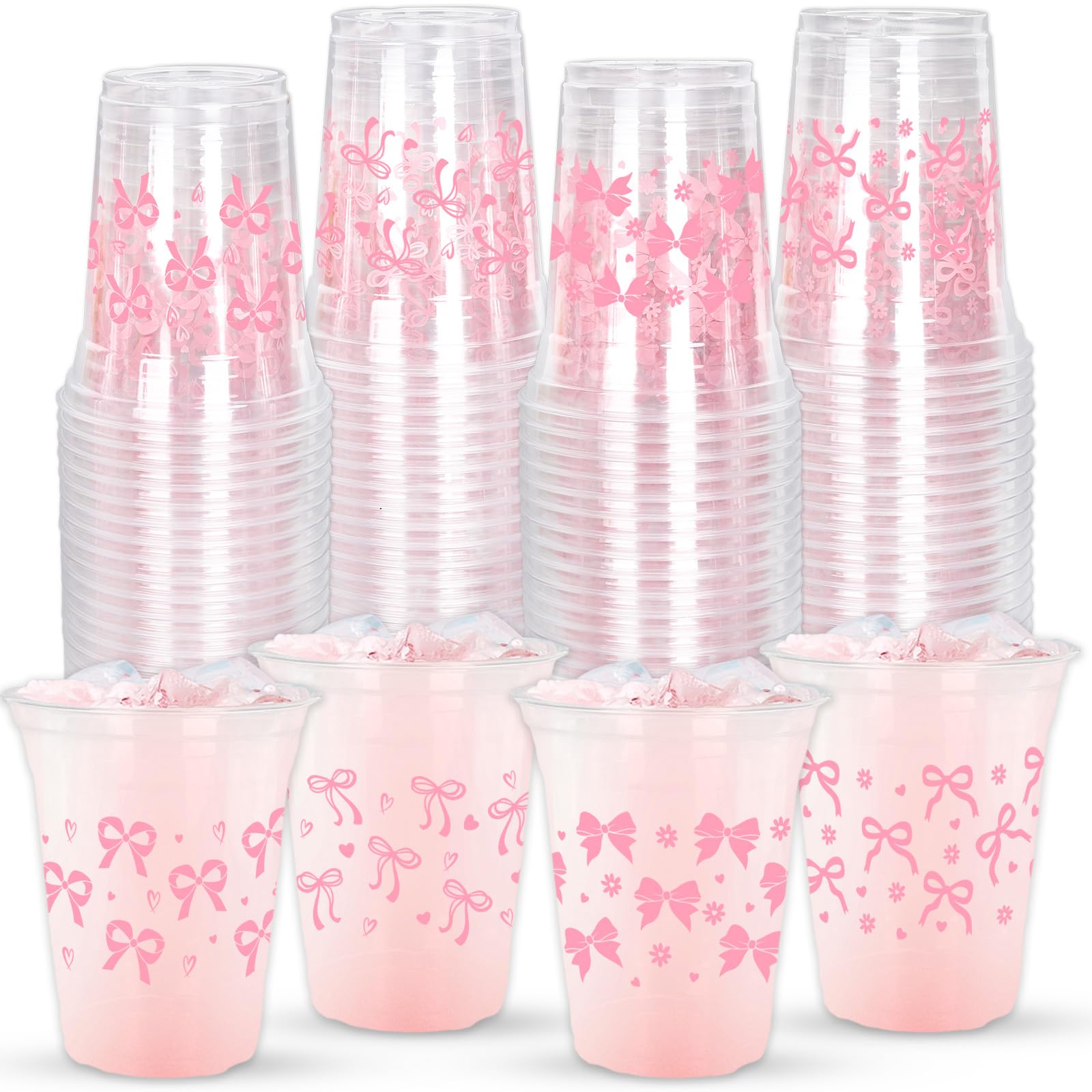 FYSUIMU 100Pcs Pink Bow Disposable Plastic Cups 12Oz Lovely Ribbon Bow Cold Beverage Drinking Cup for Wedding Birthday Bridal Shower Bachelorette