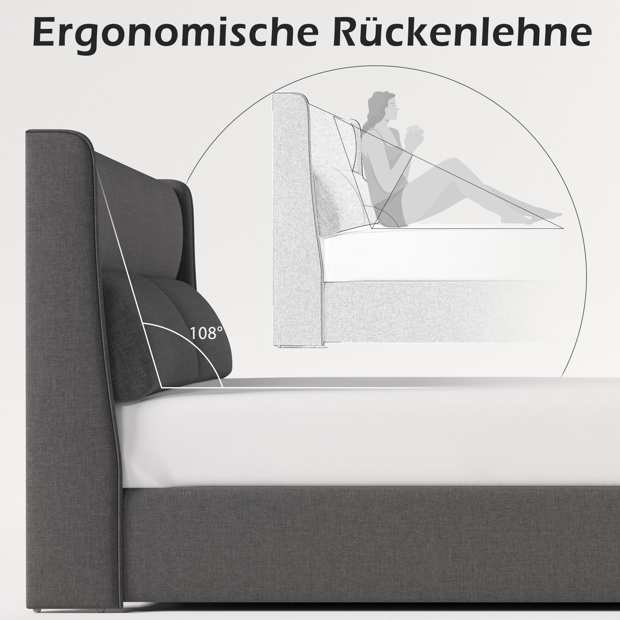 Dolamaní Boxspringbett Doppelbett 180x200 cm, Polsterbett mit Verstellbare Kopfstützen,Hydraulisches Bettgestell mit Stauraum, Bett mit Metall- Lattenrost, Leinen Ohne Matratze (Grau)