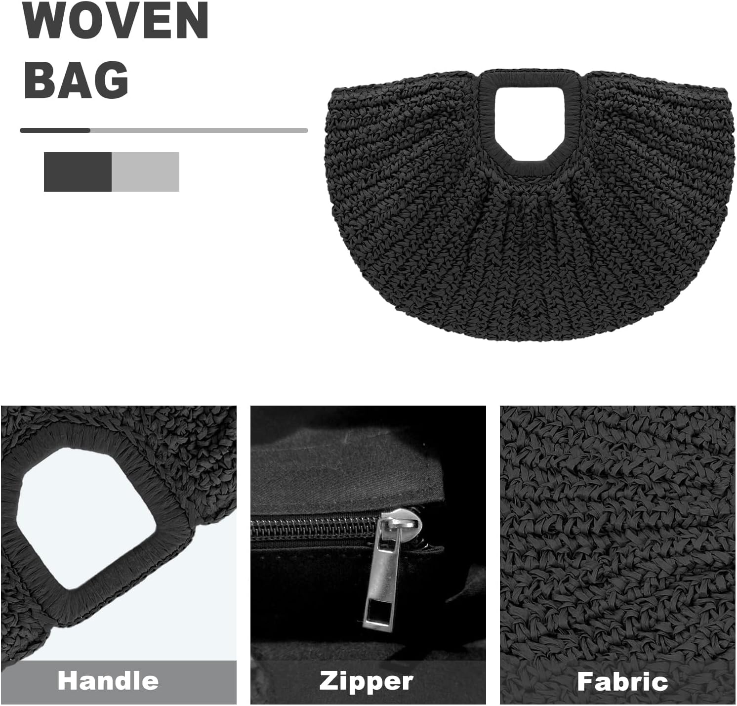 Straw Bag, Beach Bags for Women, Semi-Circular Woven Beach Hand Bag Handmade Rattan Handbag for Vacation Travel Daily (Black)