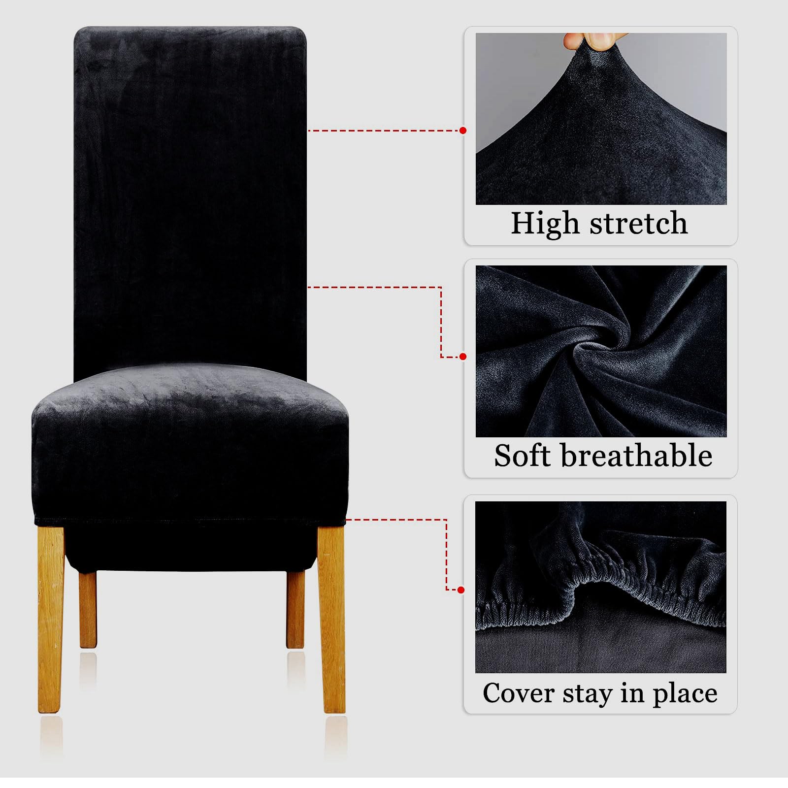Lot de 6 housses de chaise de salle à manger en velours épais, à dossier haut, extensibles, lavables et amovibles pour décoration d'intérieur - Noir