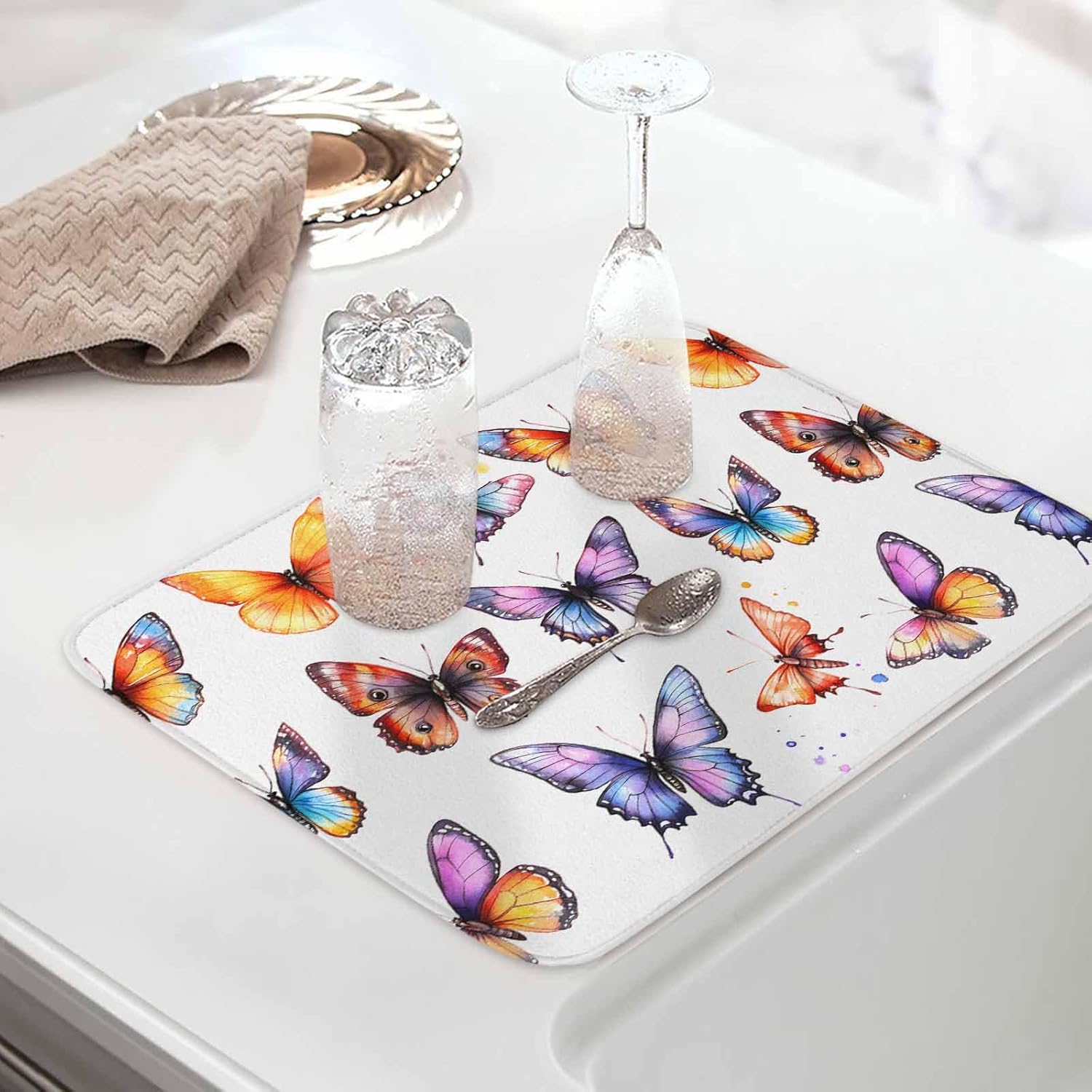 Dish Drying Mat Set of 2 Colored Butterfly Microfiber Absorbent Reusable Washable Dish Drying Rack Mat White Background Coffee Mat for Coffee Maker Bar Kitchen Countertops 16x18inch