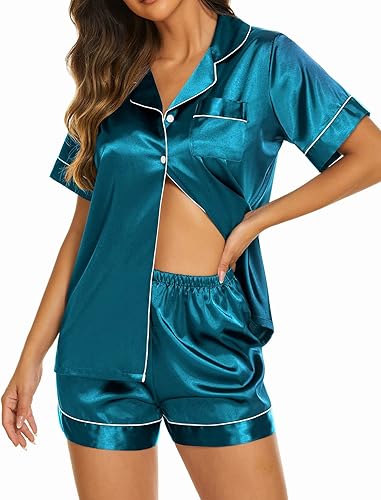 Ekouaer Pijamas de seda para mujer, ropa de dormir de manga corta de satén suave con botones, ropa de descanso, 2 piezas, conjunto de pantalones