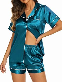 Ekouaer Silk Pajamas Womens Short Sleeve Sleepwear Soft Satin Button Down Loungewear 2 Piece Pjs Shorts Set S-XXL