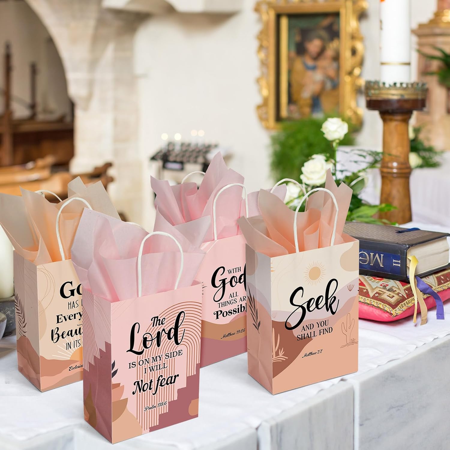 Resholder 30 Pcs Boho Christian Gift Bags with Tissue Papers Religious Bible Verse Paper Bags with Handles Inspirational Scripture Treat Pouches Church Gifts for Wedding Baptism Birthday Party