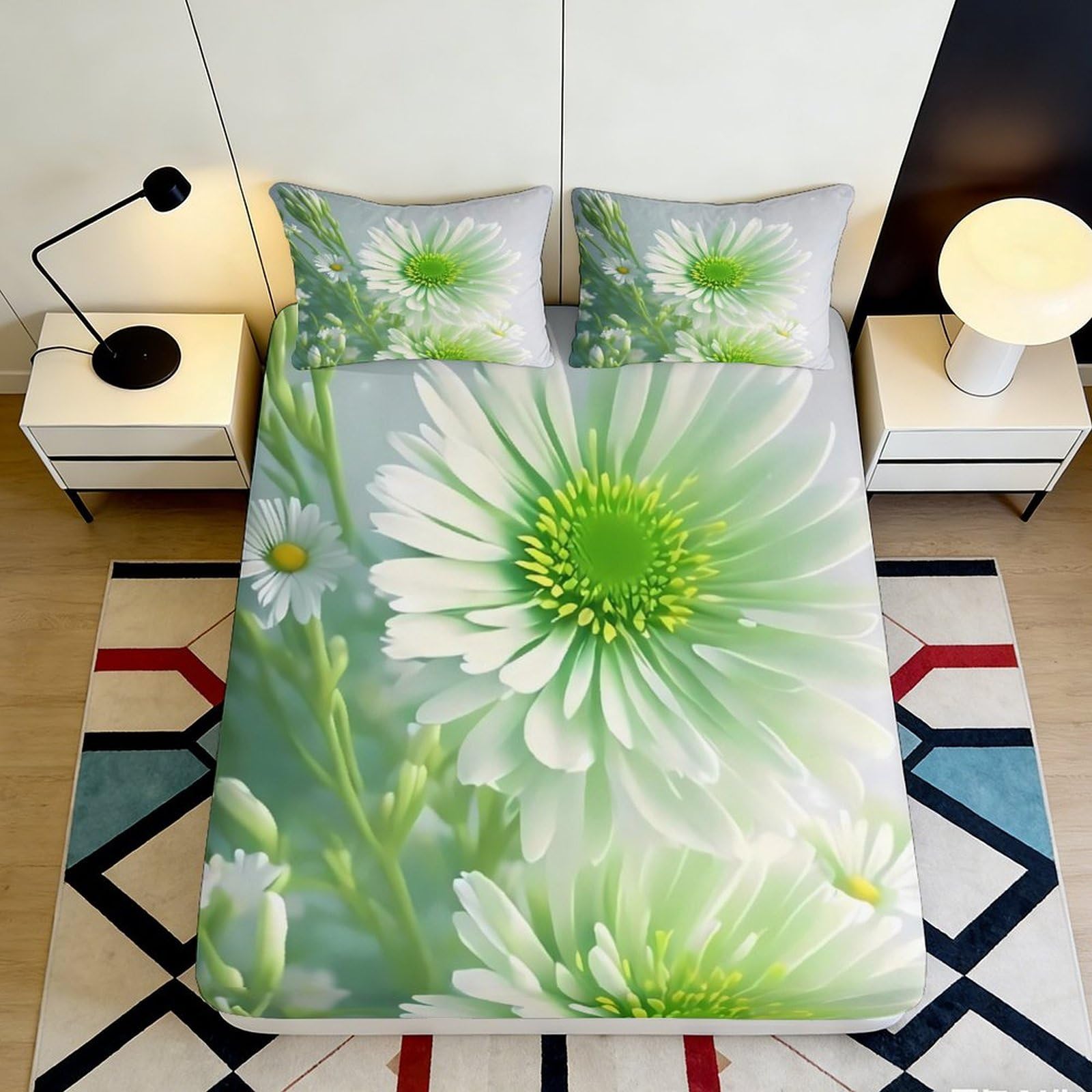 3D Printed Daisy Floral Fitted Sheet Microfiber Green Blossom Bed Cover Anti-Slip Machine Washable Decor for Bedroom Guest Room 180x200x25cm