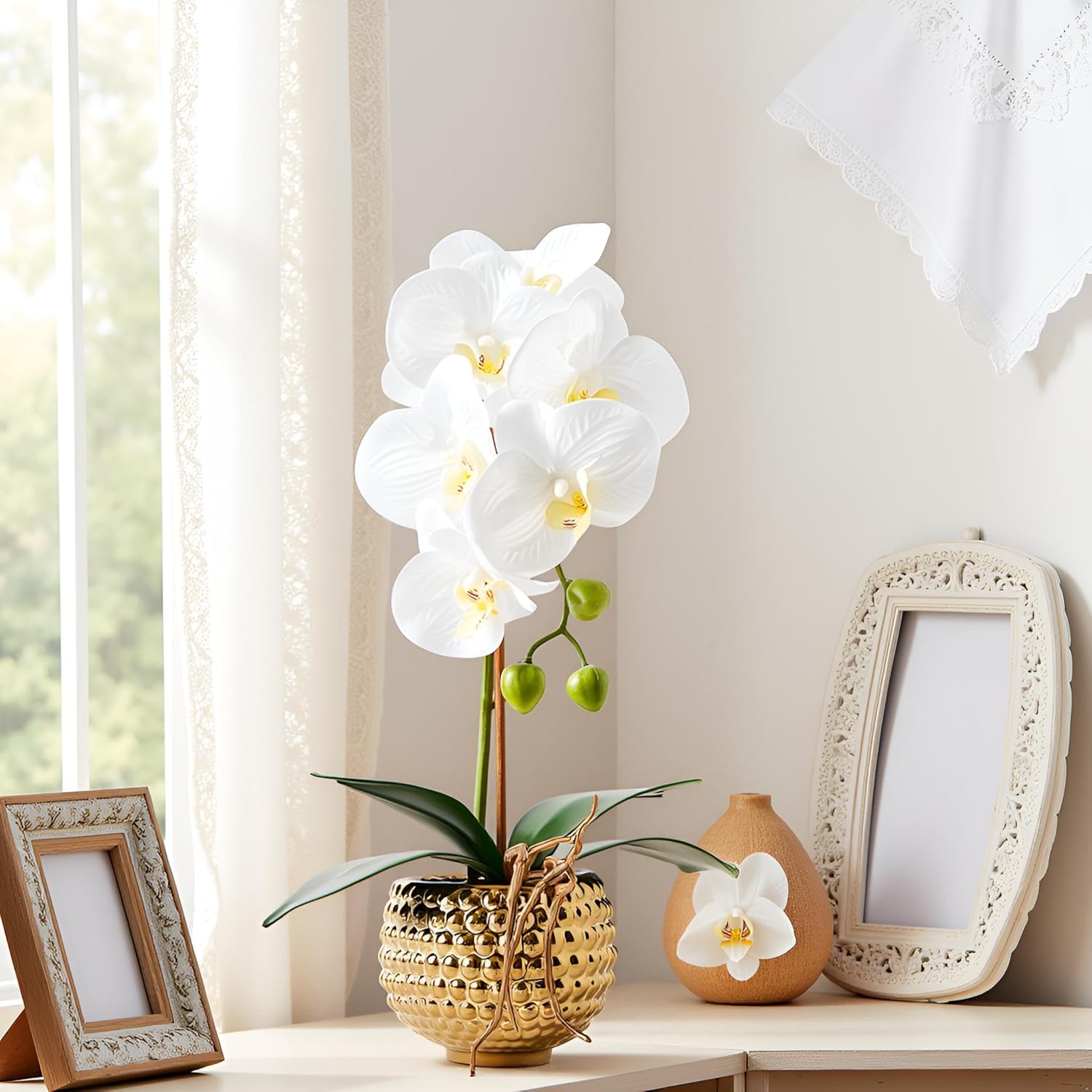Orchids Artificial Flowers, 15" Faux Orchid in Gold Flower Pot Real Touch Flowers in Pot Large Flower Arrangements Artificial Centerpiece for Home Living Room Bathroom Kitchen Decoration (White) - Image 6