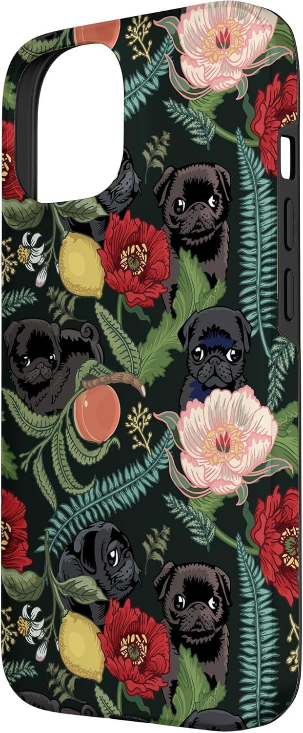 Botanical and Black Pug Case for iPhone 15