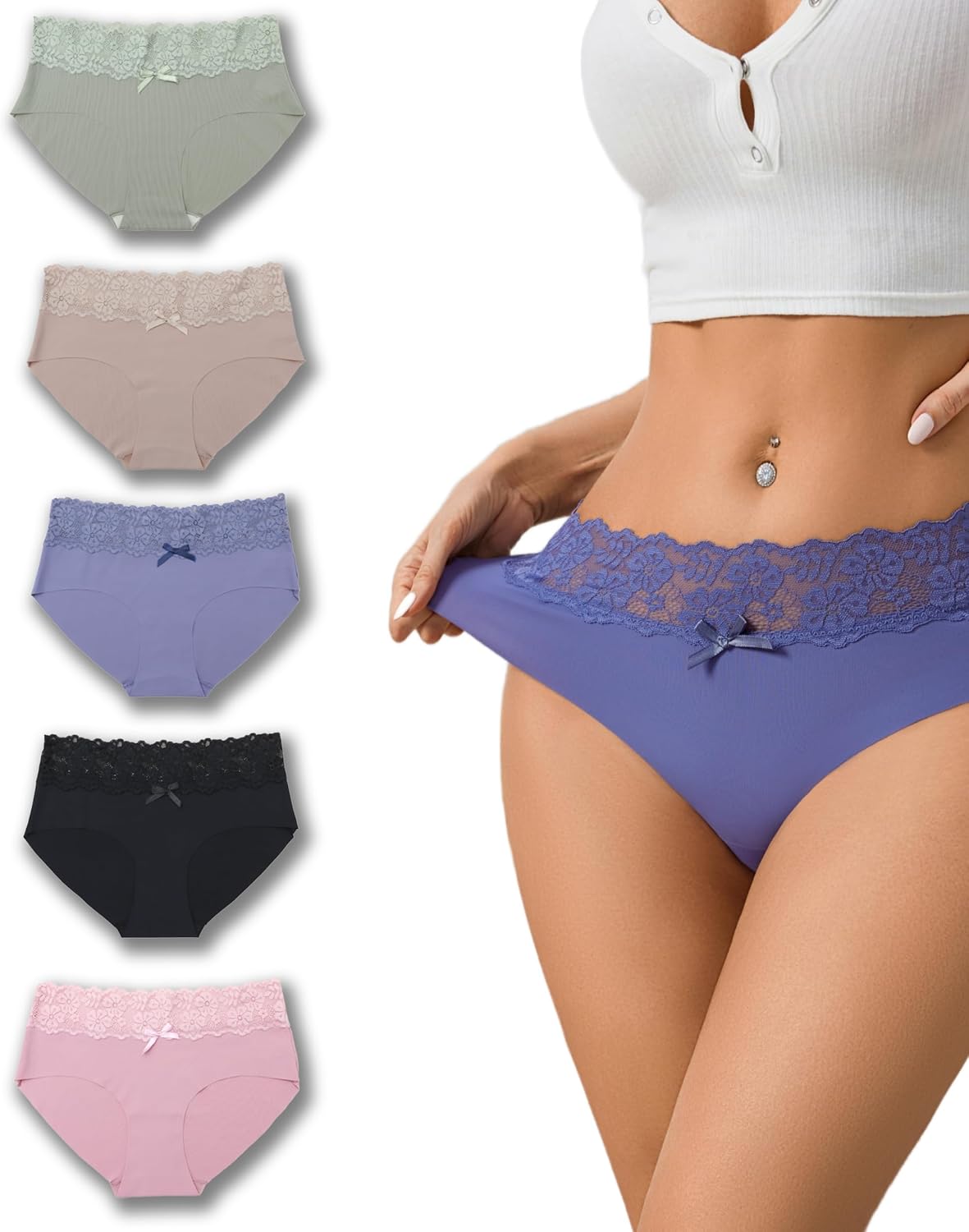 Leporem Seamless Lace Panties for Women - No Show Invisible Underwear with Wide Lace Waistband