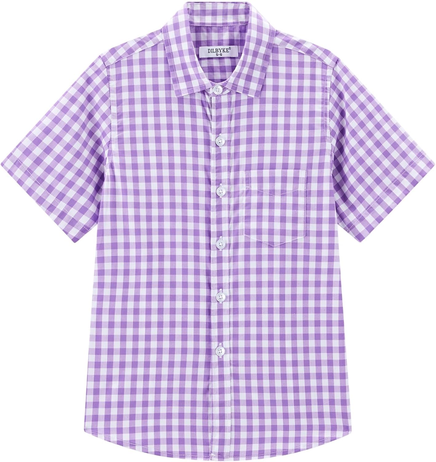 DILBYKE Boys' Dress Shirt Short Sleeve Plaid Button Down Poplin Cotton Shirts