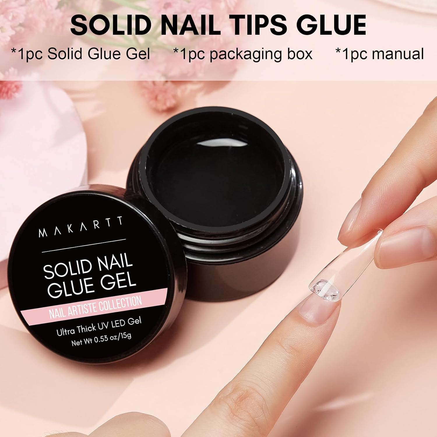 Image showing the contents of the Makartt Solid Nail Tips Glue package: one jar of solid glue gel, one packaging box, and one manual.
