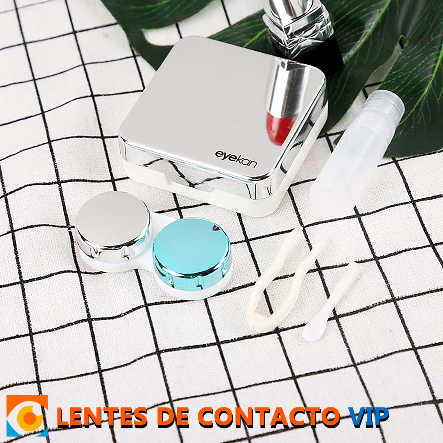 Estuche para Lentes de Contacto Color Brillante Set de Viaje con Espejo, portalentillas, Pinza, aplicador y Mini Botella portalíquido (Plateado)