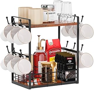 Angju 2 Tier Cup Holder for Countertop, 12 Hooks Mug Stand Tree With Storage Basket, Vintage Metal Coffee Rack Wall Mounted for K Cup Bar Kitchen