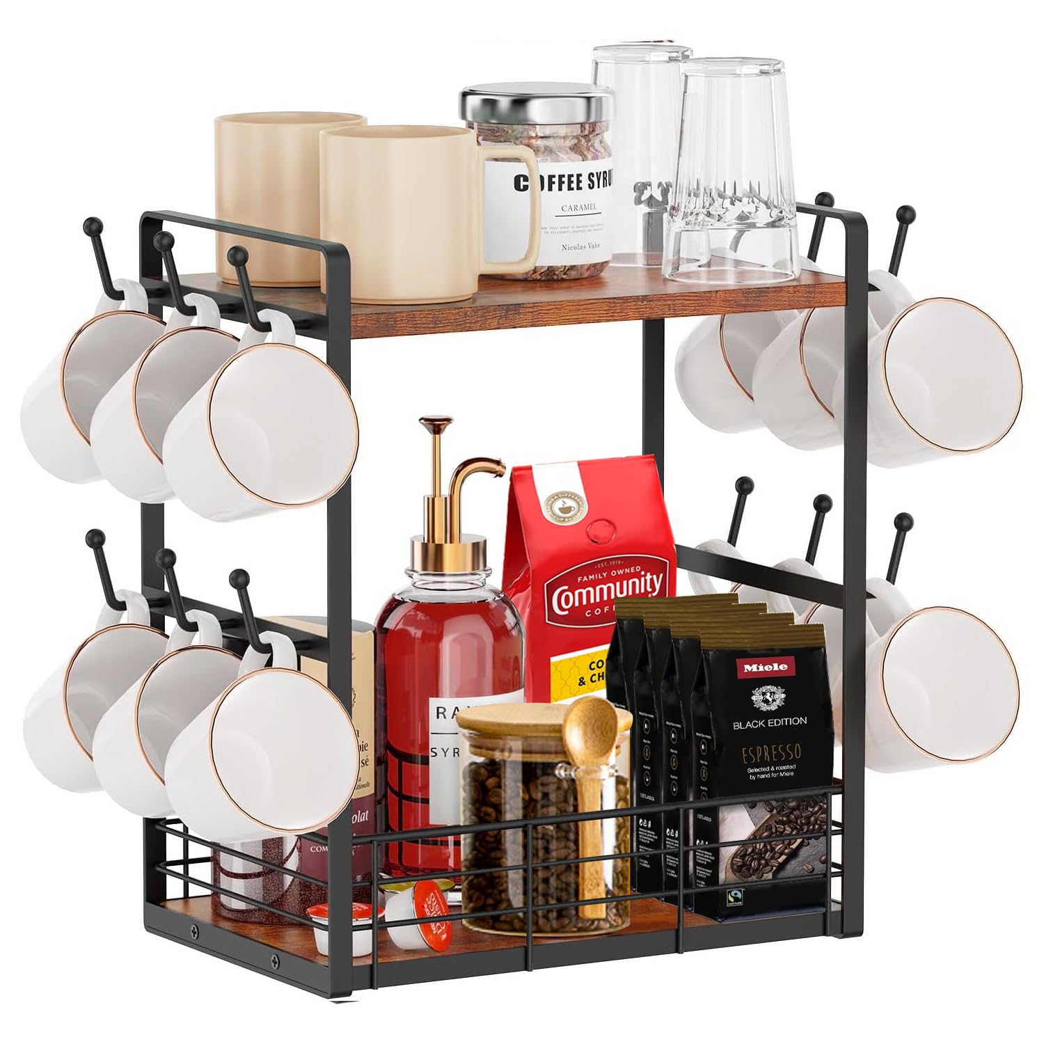 Angju 2 Tier Cup Holder for Countertop, 12 Hooks Mug Stand Tree With Storage Basket, Vintage Metal Coffee Rack Wall Mounted for K Cup Bar Kitchen