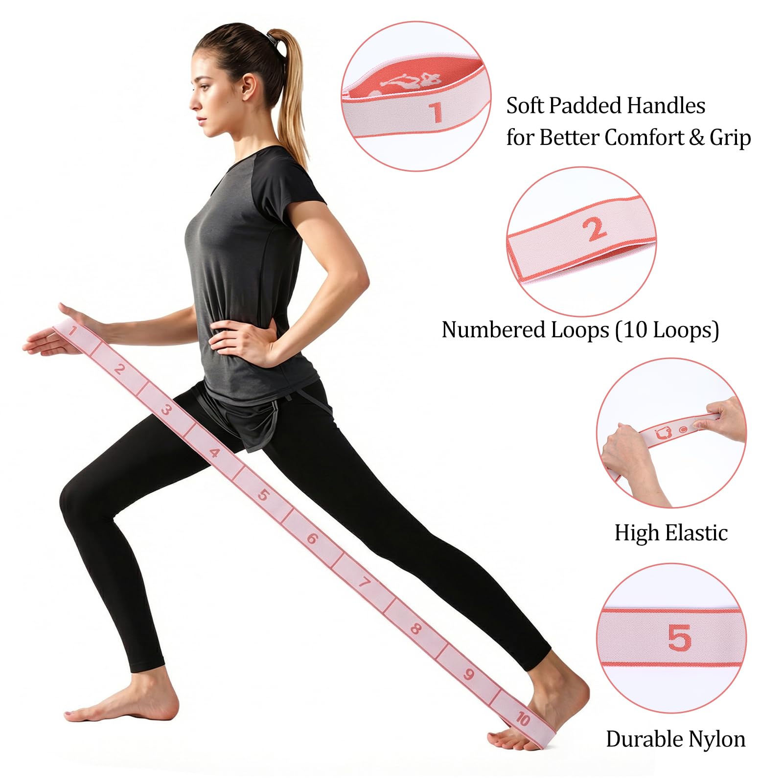 Elastyczna taśma do jogi z 10 kokardkami, różowa, joga, rozciągliwa taśma fitness, joga, akcesoria oporowe, elastyczna taśma gimnastyczna do pilatesu