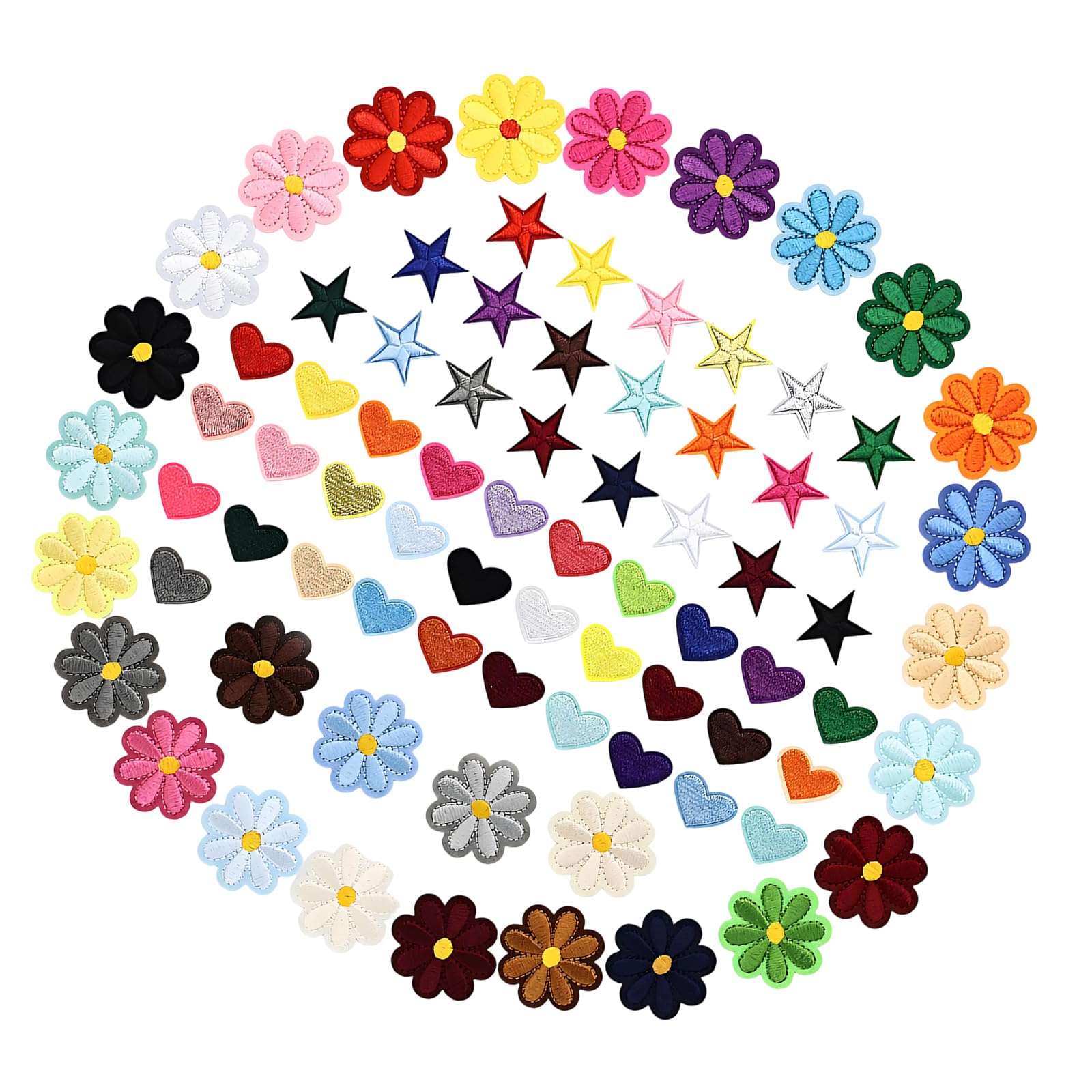 CAZSTYK 80Pcs Colorful Embroidery Appliques Star Floral Heart Iron Sew on Fabric Patches for Bag Hat Coat Garment Sewing Craft Star Flower Heart Embroidery Fixes