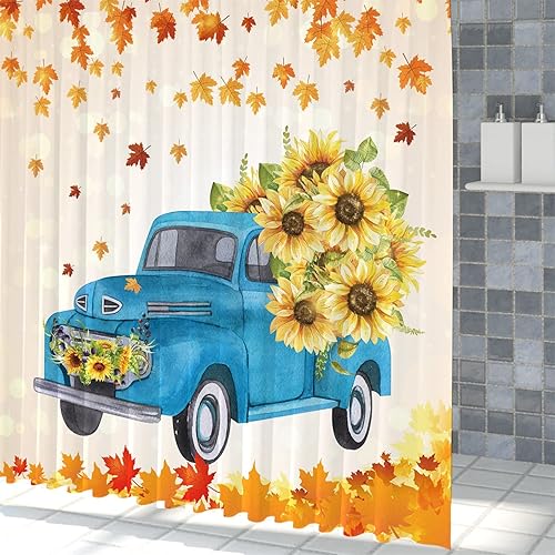 Vista 30 de Yeele Cortinas de ducha de otoño de Acción de Gracias, bonita cortina de ducha de gnomo y calabaza para baño, borde de rejilla blanca y negra