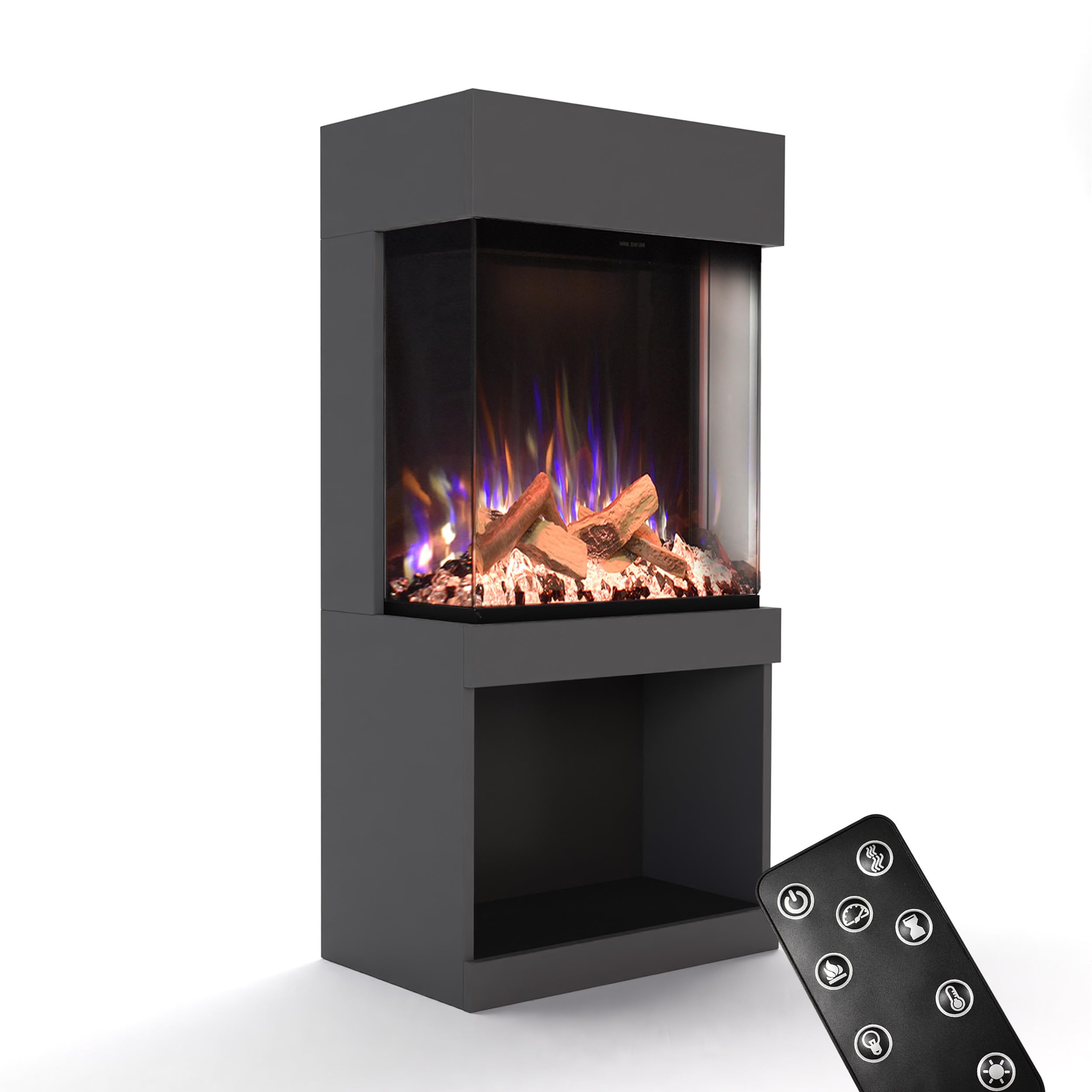 GLOW FIRE Kaminofen PR12 mit realistischem 3D E-Motion LED-Feuer - Stand-Elektrokamin mit Heizung und Kaminfeuer, Knistereffekt & Timer, max. 1500 W, 61,5x130x40cm, Grau