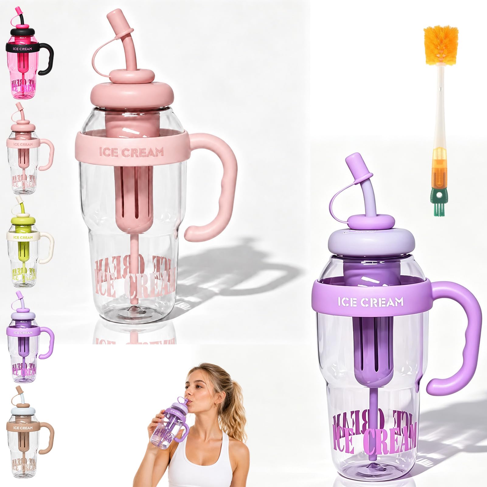 Stylish Large Capacity Sports Water Bottle with Straw, 1300ml Summer Handle Plastic Cute Large Capacity Ice Cup, Convenient Cup with Tea Infuser for Camping Hiking Summer Outdoor Sports (2pc-d)