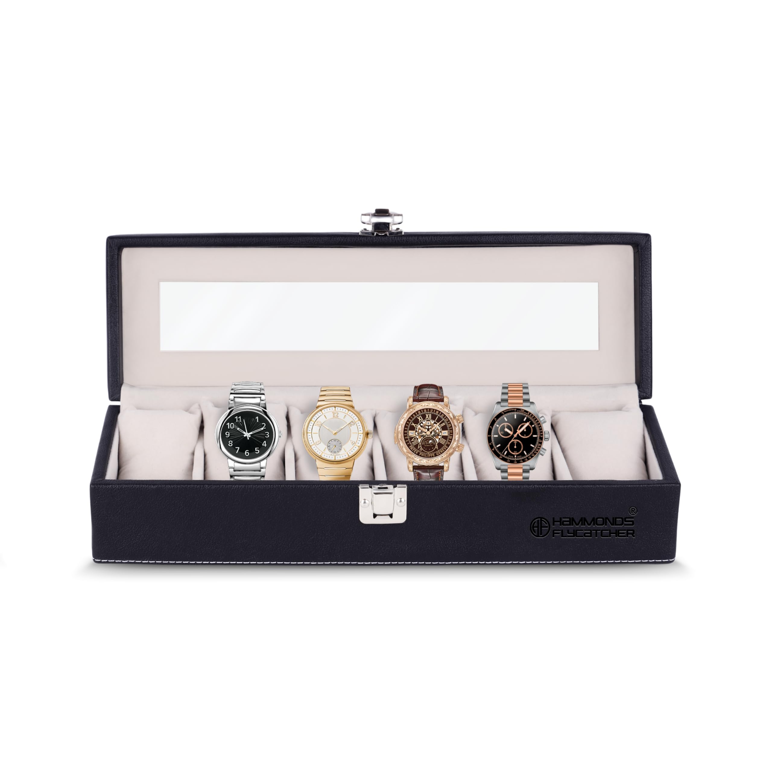HAMMONDS FLYCATCHER Premium Men's and Women's Watch Box Organiser 6 Slots - Vegan Leather Watch Organizer with Glass Window, Luxury Watches Display Case for Collectors, Gift Ready Case - Matte Black