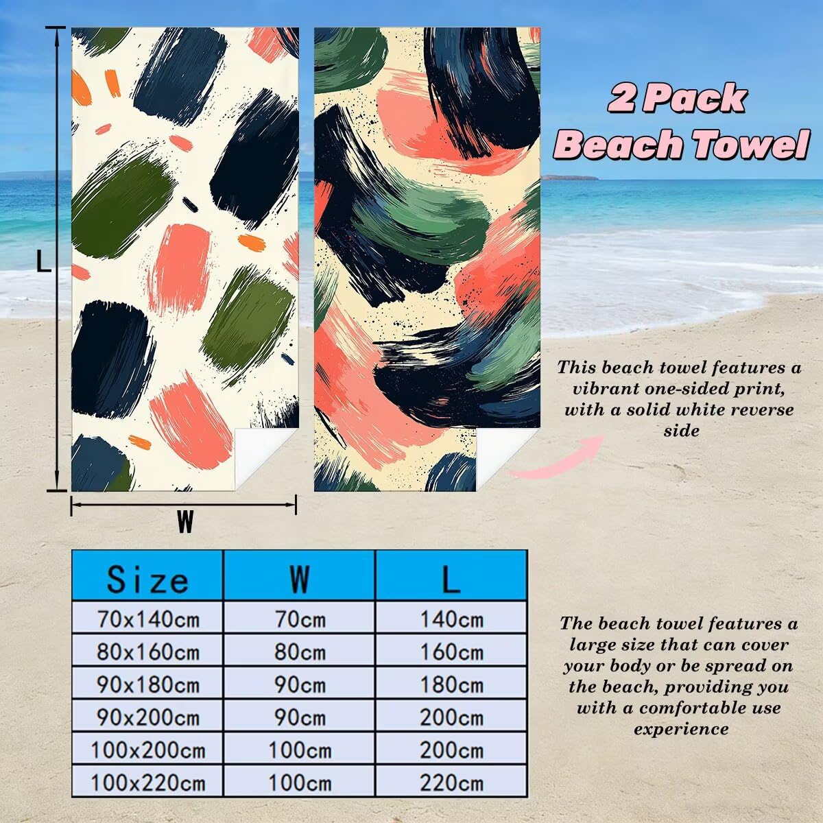Toalla Playa 80x160 cm, Toalla Gimnasio Microfibra Secado Rapido, Juego de 2 Antiarena Toallas de Playa, Ligera Compacta Toallas Microfibra Grande para Viaje, Regalo Hombre Mujer (Pintada) -5075