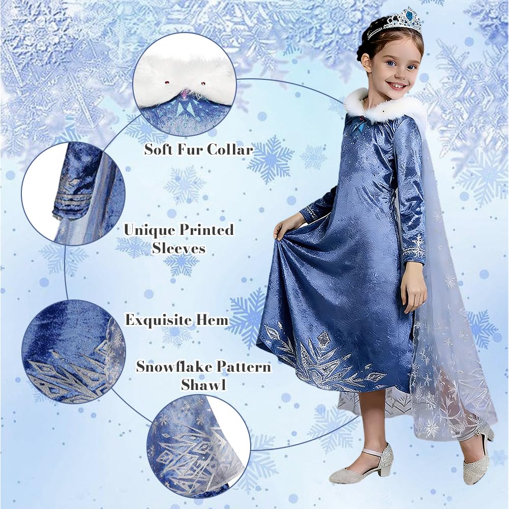 URAQT Vestito Principessa, Fantasia Costume Abito Principessa con Corona Scettro, Princess Vestito Carnevale Bambina Abito Adatto per Inverno