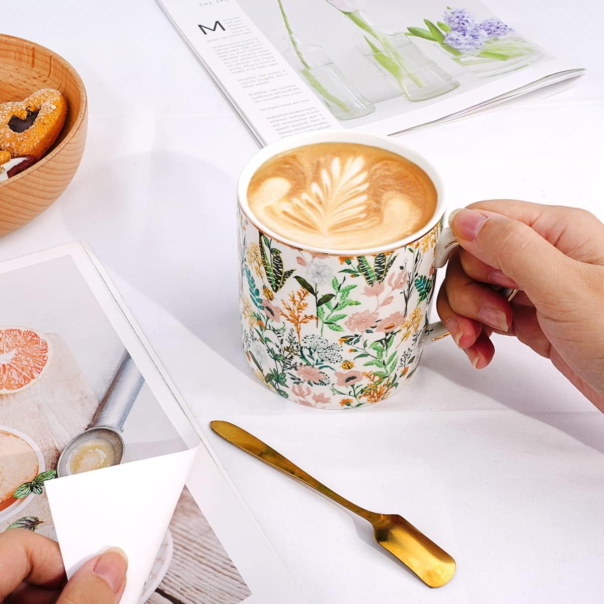 WAVEYU Ceramic Mug for Women Mom, Cute Coffee Water Mug Cup for Mother's Day from Daughter Son for Home Office, Decorative Coffee Tea Cup for Girls Teachers Colleagues, 14 oz, White Flower - Image 5