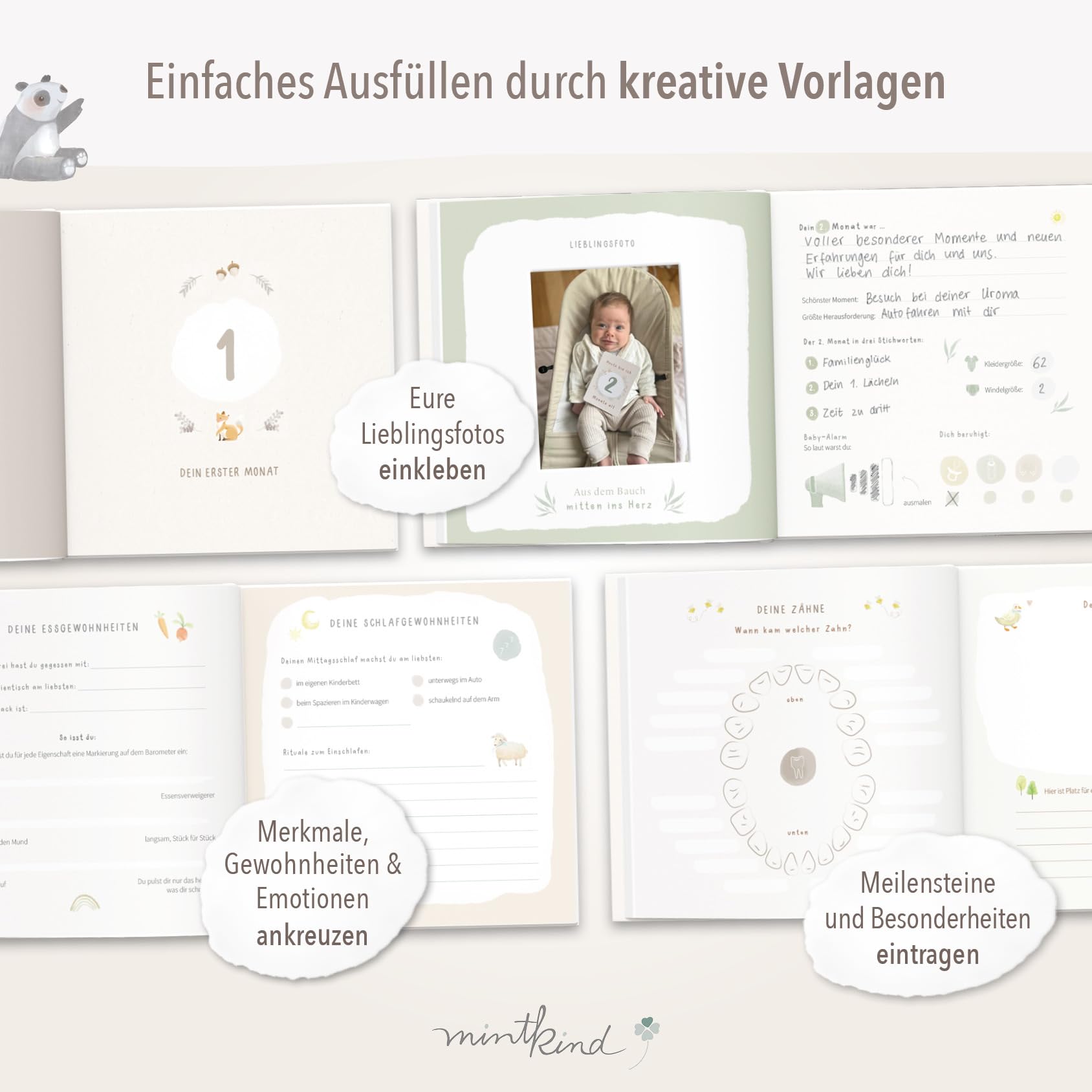 mintkind® Mein erstes Jahr Babyalbum Salbei – sanftes Babytagebuch mit 176 Seiten und Sticker-Set für ruhige Erinnerungen im ersten Lebensjahr, hochwertiges Hardcover 21 x 21 cm