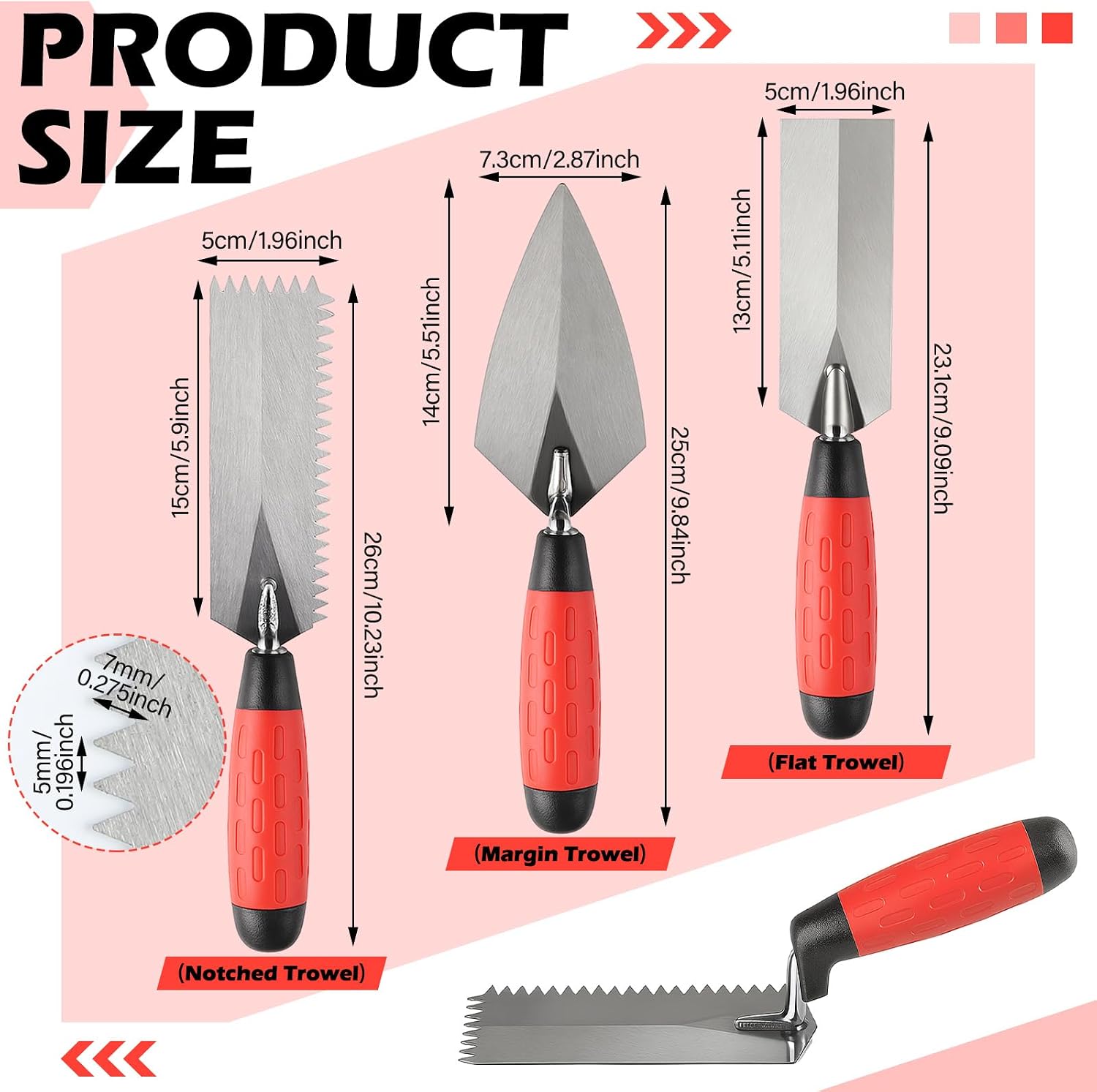 3 Pcs Masonry Tools Set High Carbon Steel 6'' V Notched Flooring Trowels, 5.5'' Pointing and 5'' Margin Trowel with Soft Handle Grip Bricklaying Hand Tool for Concrete Cement Plaster Tile Construction