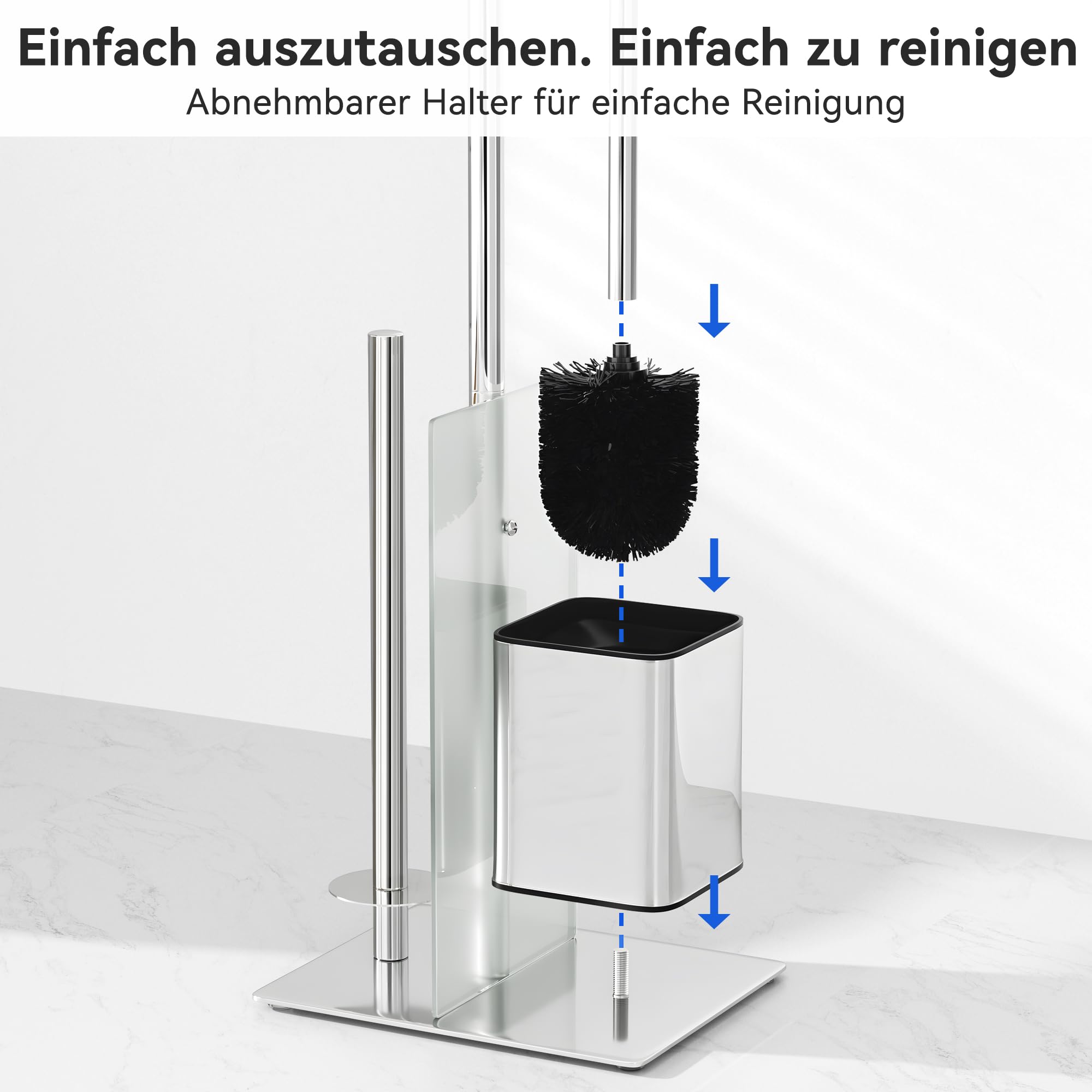 Toilettenpapierhalter Stehend mit WC Bürste - Toilettenbürste und Klorollenhalter Stehend mit Glasregal, Ohne Bohren, Edelstahl WC Garnitur mit Klopapierhalter Stehend und Klobürste (Silber)