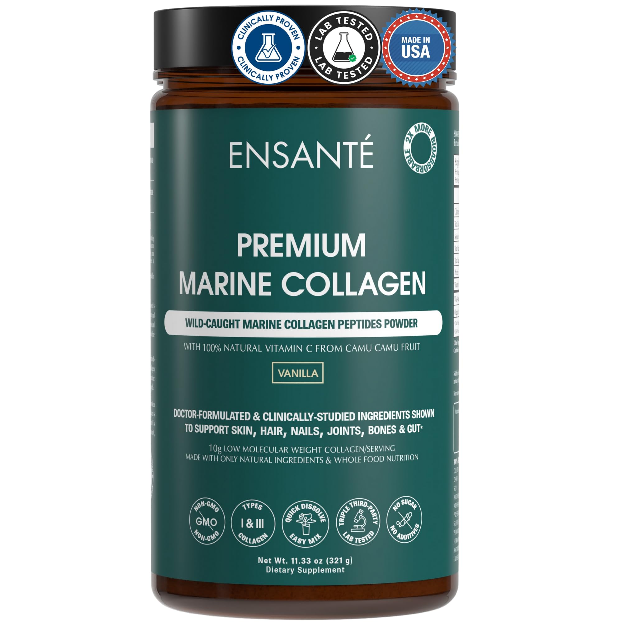 ENSANTE Clinically Backed Premium Marine Collagen Peptides Powder Flavored, Type I II III IV Collagen for Skin Hair Nail Joint, Wild Deep Sea Collagen with Organic Camu Camu Vitamin C, Lab Tested