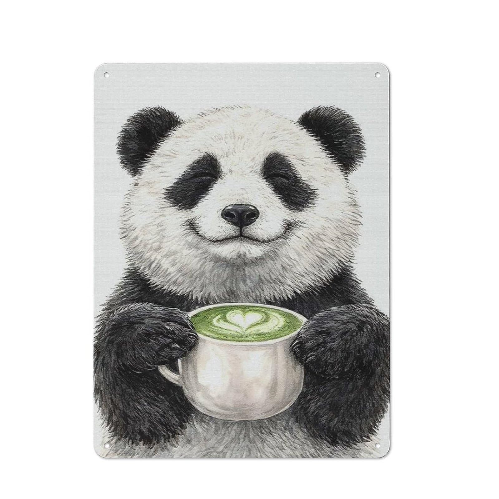 Junmoney Style-22 Panda Holding Matcha Latte Barn Style Metal Wall Decor 40X30cm, Country Metal Sign For Kitchen, Cottage, Porch Or Garden Room