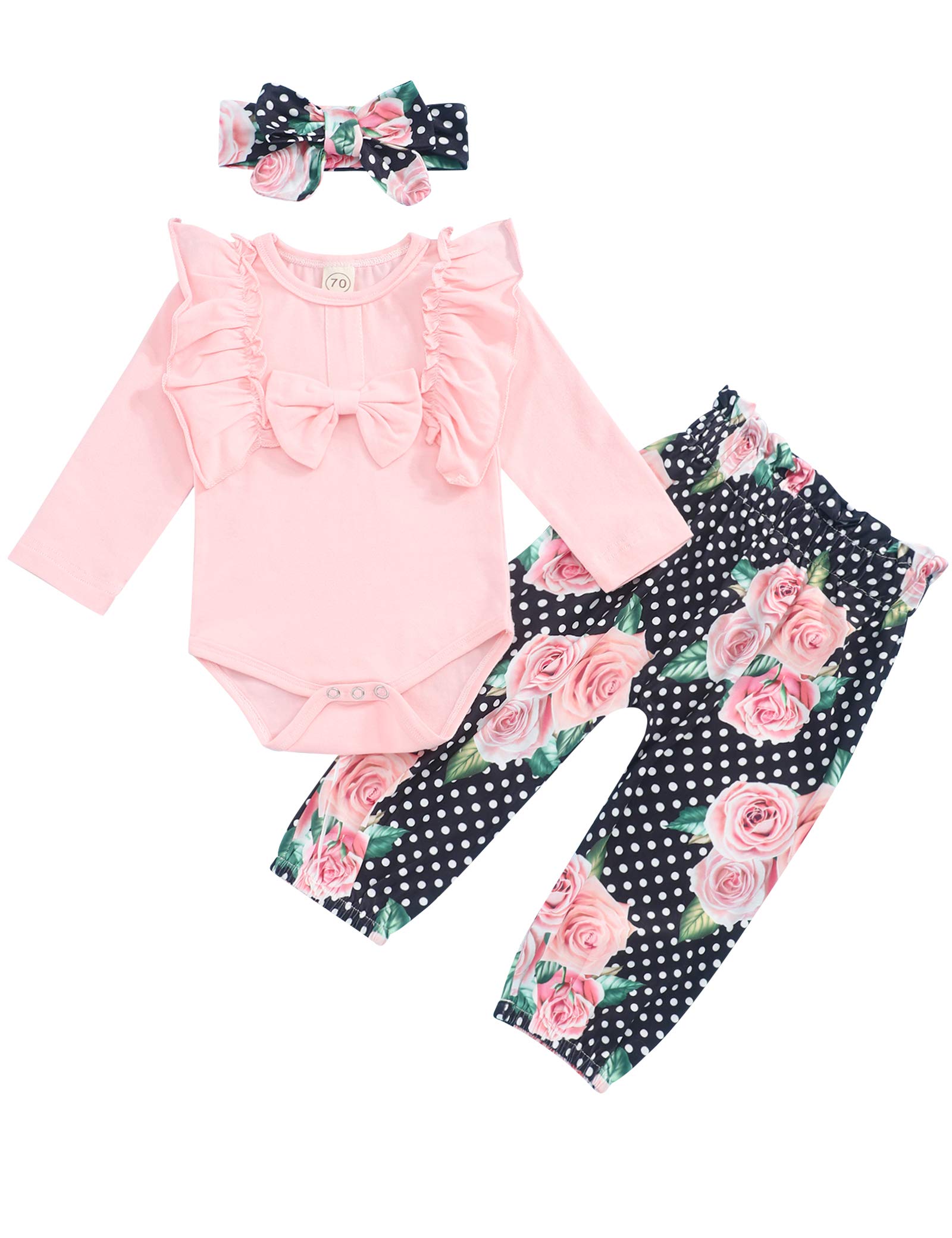 Infant Baby Girl Clothes Long Sleeve Romper Jumpsuit Ruffle Bodysuit Floral Pants Outfits with Headband 3Pcs Sets