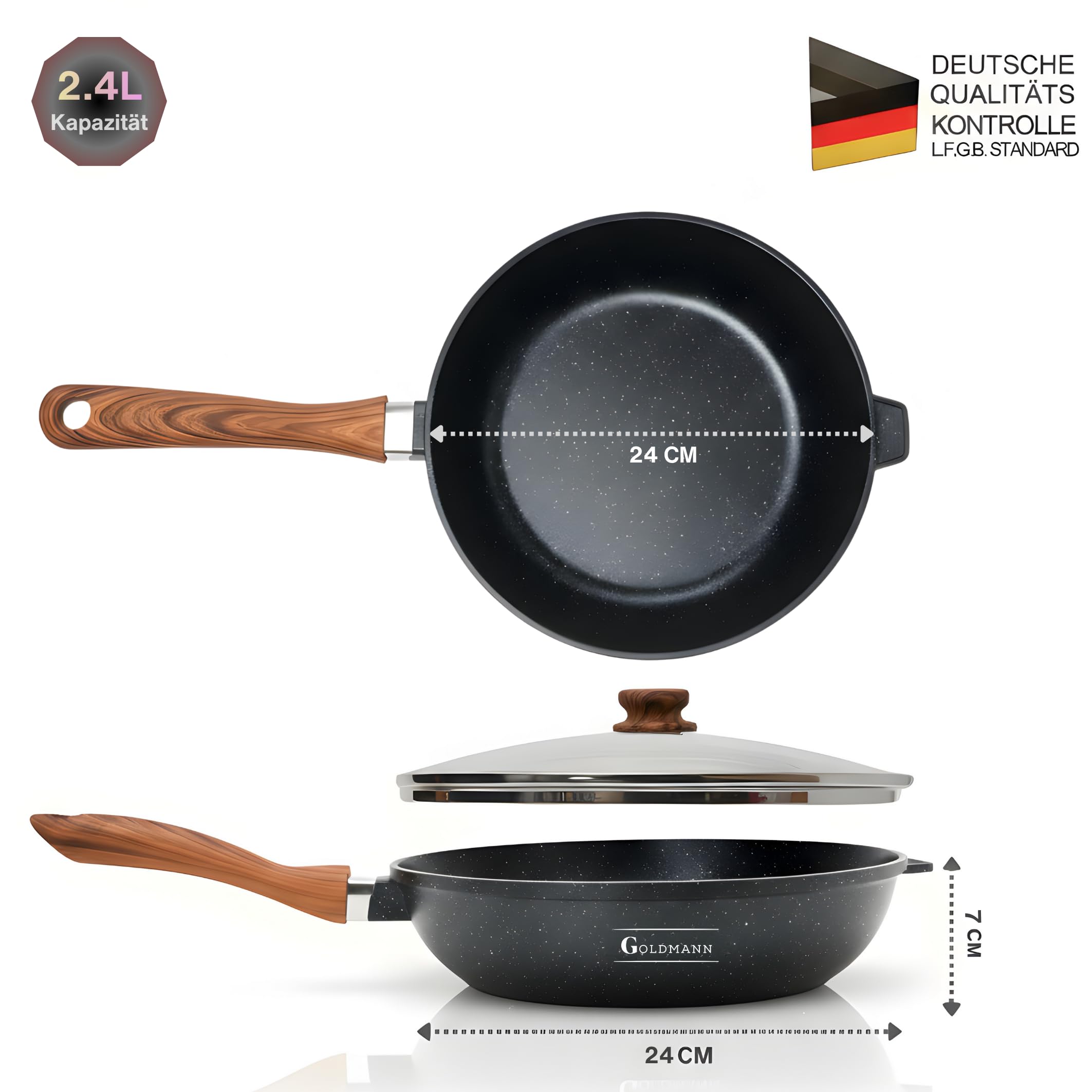 GOLDMANN Głęboka patelnia aluminiowa 24 cm z powłoką nieprzywierającą ceramiczno-marmurkową, kompatybilna z indukcją, bez PFOA