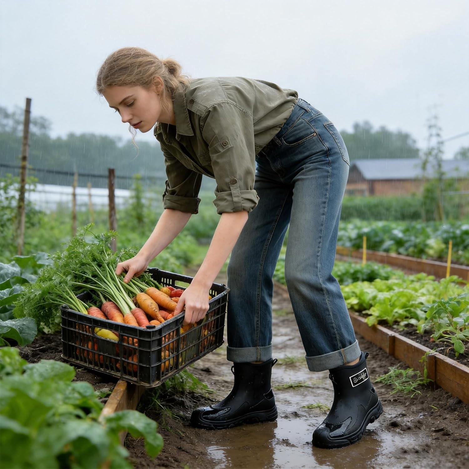 Women's Rubber Flat Wide Calf Rain Boot Fashion Round Toe Anti-Slip Lug Sole Slip on Garden Boots for Camping Farming Deck Outdoor Work - Image 4