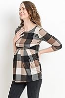 Vista 2 de LaClef - Blusa de maternidad para mujer, cuello redondo, manga 3/4, plisada al frente, estilo peplum Cuadros marrones