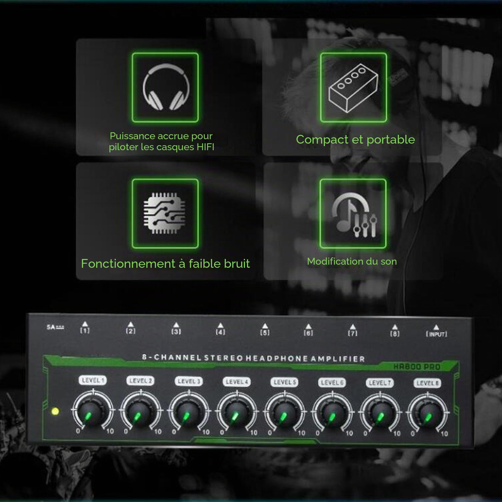 Jectse Amplificateur de Casque 8 Canaux, Amplificateur Audio Stéréo en Métal avec Prise Jack 6,35 Mm, Contrôle du Volume, Répartiteur de Casque Multi-Ports pour Studio D'enregistrement,