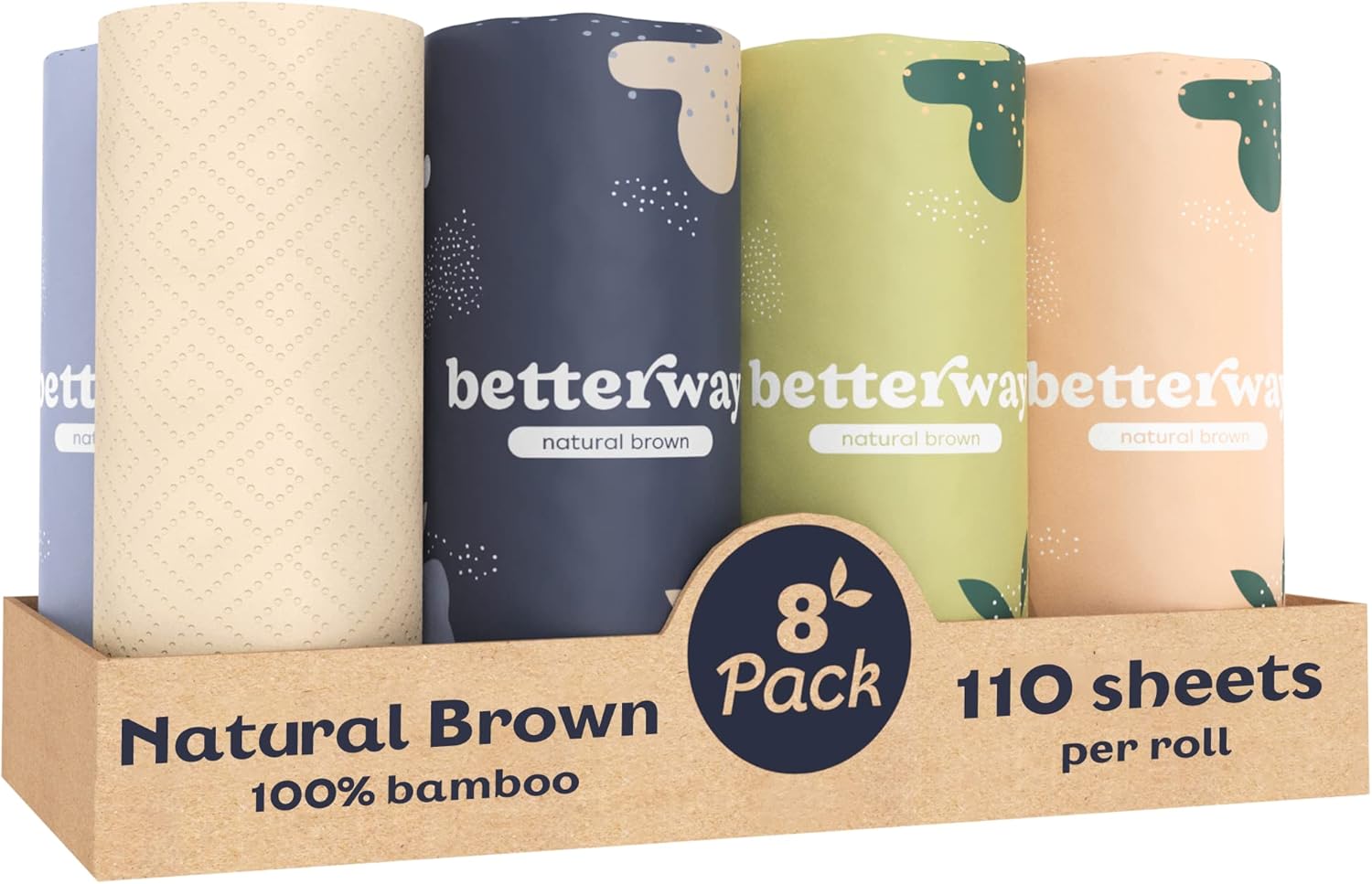 Betterway Bamboo Natural Brown Paper Towels - 8 Rolls, 2 Ply, 110 sheets - Plastic Free, Disposable Kitchen Paper Towels - Select Size, Tree Free, Compostable, Strong & Absorbent