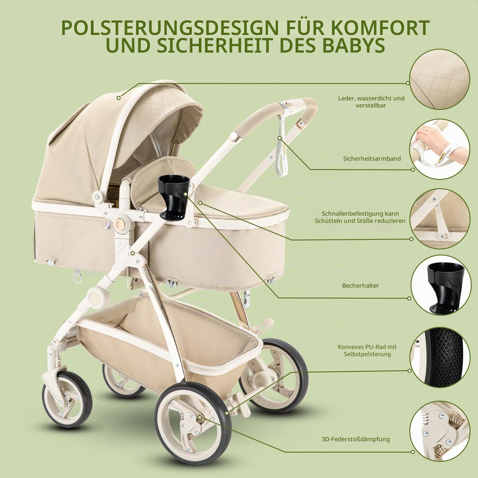 Zkiprm 3-in-1-Kinderwagen, 3-in-1-Reisesystem mit Autositz, mit Regenschutz, Aluminiumrahmen, Stadtwagen, faltbar, mit einer Hand, für Kinder von 0-4 Jahren,Khaqi