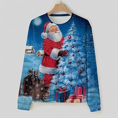 Pull De Noël Amusant Pour Homme - Manches Longues - Col Rond - Avec Imprimé Père Noël - Décontracté - Pull De Noël - Pull En Tricot, Bleu, L