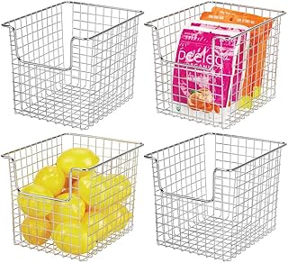 mDesign panier de rangement en fil métallique (lot de 4) – casier en métal polyvalent pour la cuisine, le garde-manger, etc. – bac de rangement universel avec poignées – argenté