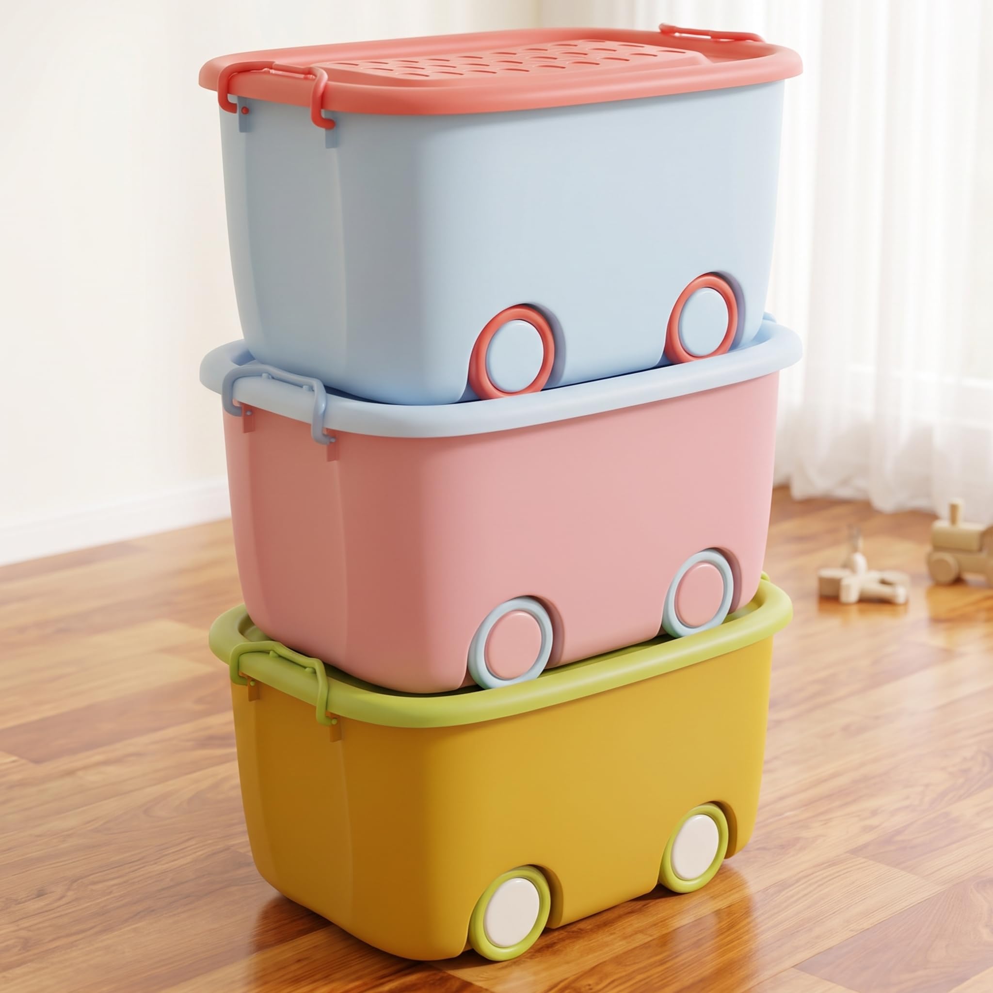TEX-RO Toy Storage Box with Lid and Wheels for Kids | Large Stackable Plastic Storage Box & Organiser | Big Toy Organizer for Kids Room | Movable Toy Box for Boys & Girls Bedroom (50x33x26cm)-image-25