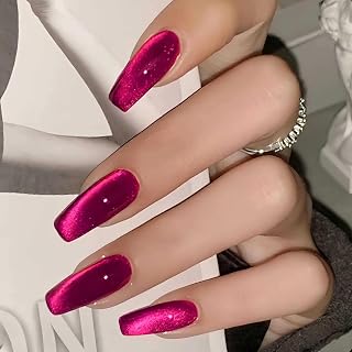 MISUD Press on Nails - Long Coffin Fake Nails with Summer Hot Pink Cat Eye, Acrylic Bling Glitter Design 24 pcs