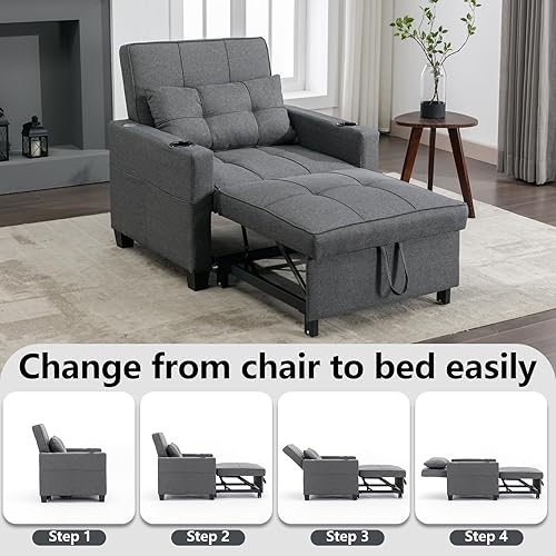 Vista 19 de Silla de cama convertible, sofá cama extraíble con respaldo ajustable, tela de lino, silla convertible con bolsillo lateral para sala de estar