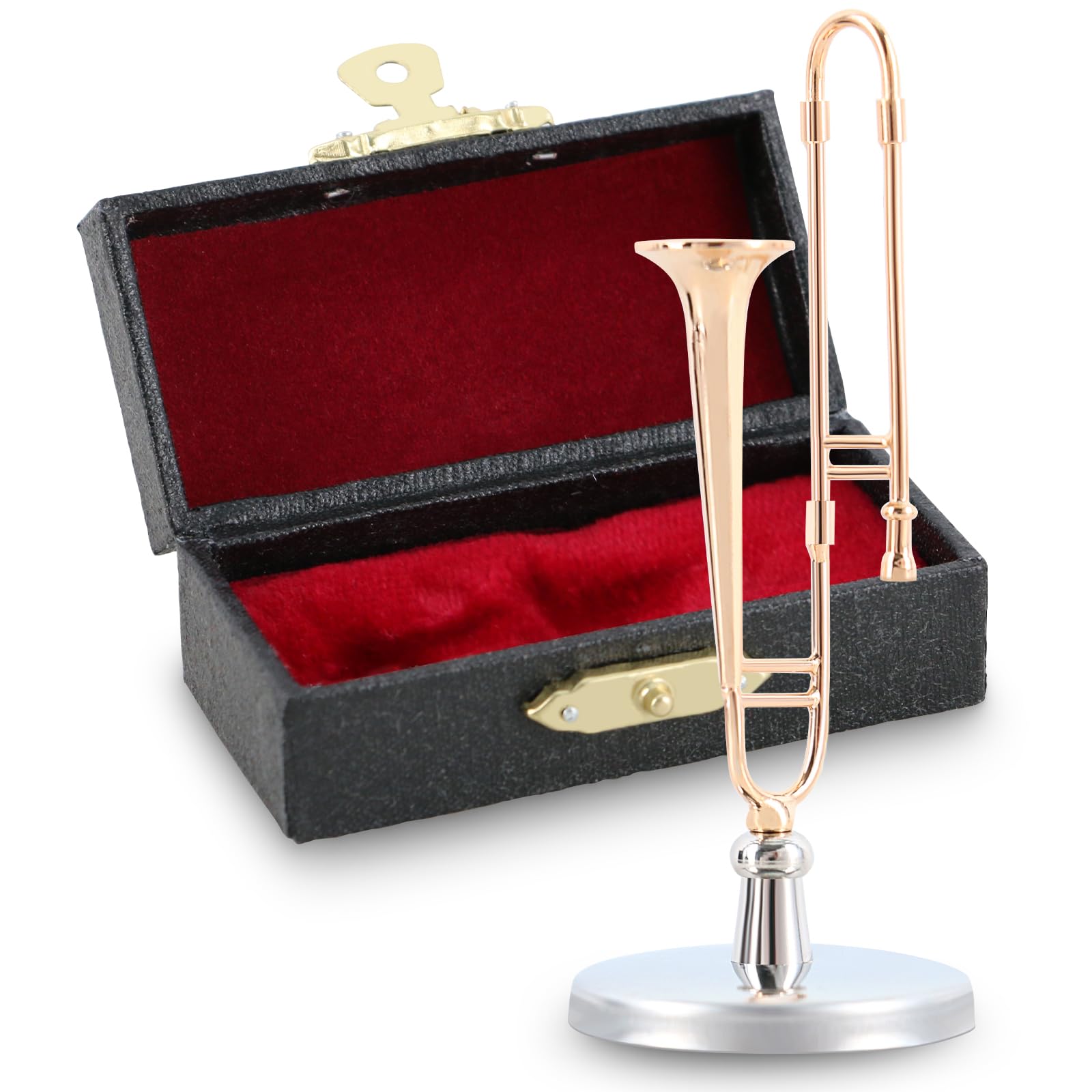 EASTROCK 2.1in Mini Trombone Model, Gold Plated Miniature Trombone with Case and Stand, Mini Musical Instrument Home Ornament Dollhouse Decoration