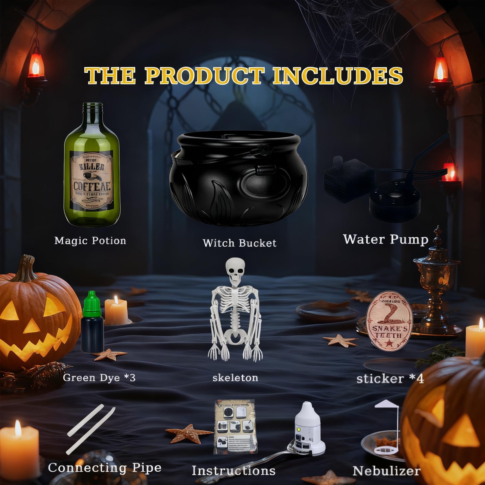 Dekoracje na Halloween do wnętrz – kociołek czarownic – kompletny zestaw dekoracyjny na Halloween z realistycznymi butelkami na mgiełkę i magiczne pływające eliksiry, wewnętrzny straszny szkielet